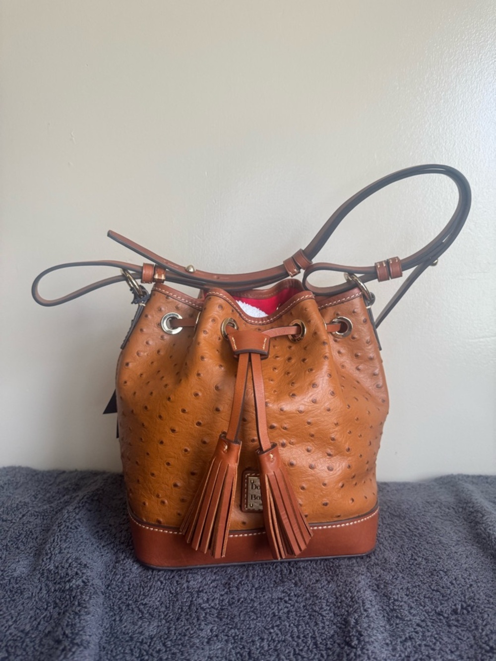 Dooney & Bourke Ostrich Small Drawstring Shoulder Bag (Caramel)